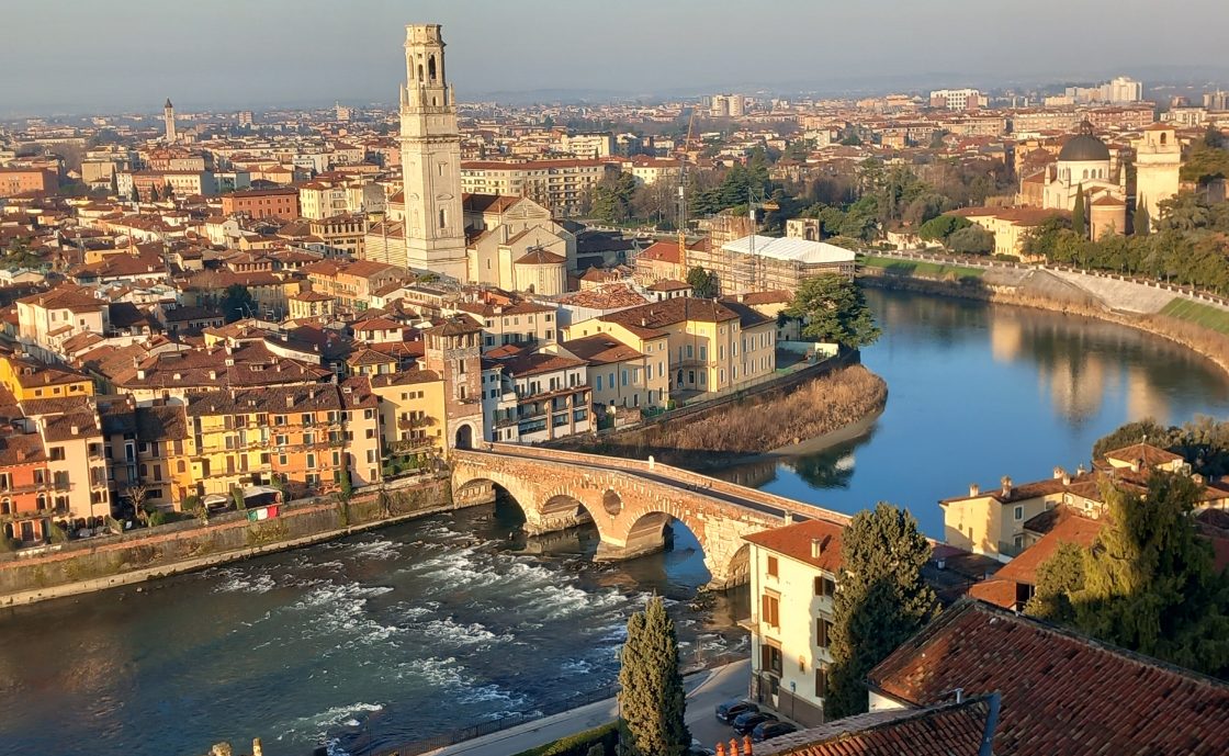 Verona seen from Castel San Pietro: Ponte Pietra, the Adige and the Duomo bell tower